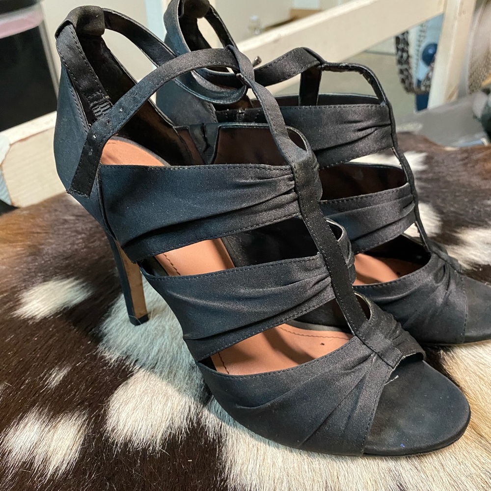 Vince Camuto Shoes April Black Satin Leather Heels